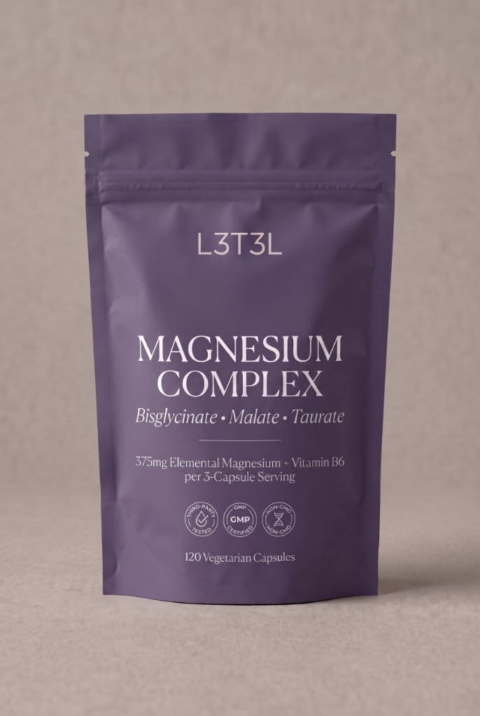 L3T3L Magnesium Complex — purple stand-up pouch of magnesium bisglycinate, malate and taurate with vitamin B6, 120 vegetarian capsules